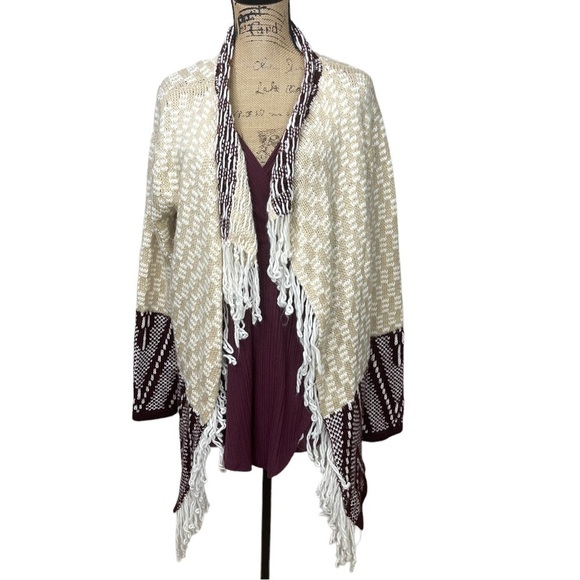 UMGEE Fringed Boho Aztec Cardigan Burgundy and Cream Size XL - Picture 5 of 11